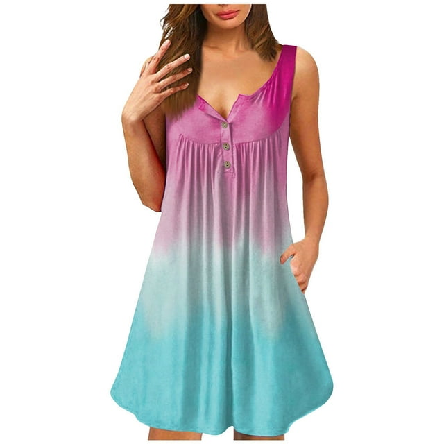 Robes d'Été pour Femmes Col Rond Imprimé Boutons Manches Courtes Robes Décontractées Swing Plage Mini Robe avec Poches