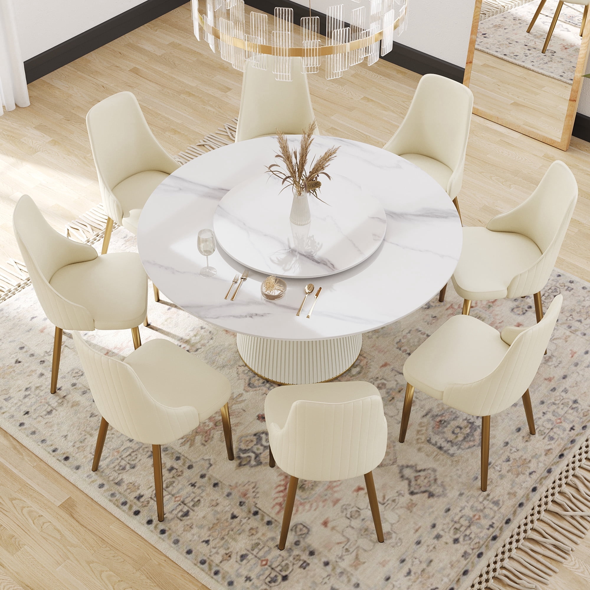 LovingAHome 59" White Marble Sintered Stone Round Dining Table with White Slate Turntable,Only Table
