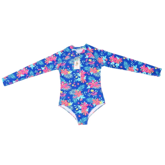 Traje de baño de una pieza de manga larga con estampado floral para niñas, ropa de playa transpirable para divertirse en verano
