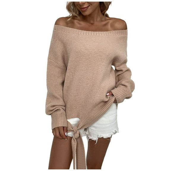 ShomPort Womens off Shoulder Sweater Long Sleeve Fall Winter Casual Loose Pullover Sweaters Tunic Tops