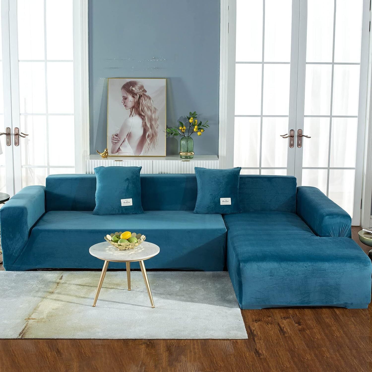SHANNA Thick Velvet L Shape Sofa Covers, Non-Slip Sectional Couch Cover Protector Plush Sofa Slipcovers with 2pcs pillowcase for Living Room