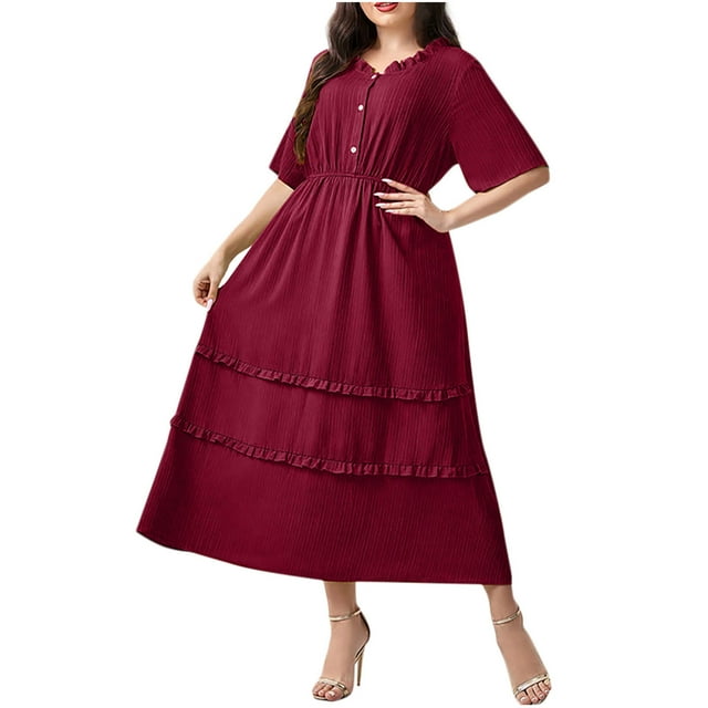 Dvprdro Robe d'Été pour Femme Grande Taille Mode Unie à Boutons Col Ras du Cou Manches Courtes à Étages Plissée à Volants Fluide Évasée Décontractée Ample Plage Soleil Longue Robe Maxi