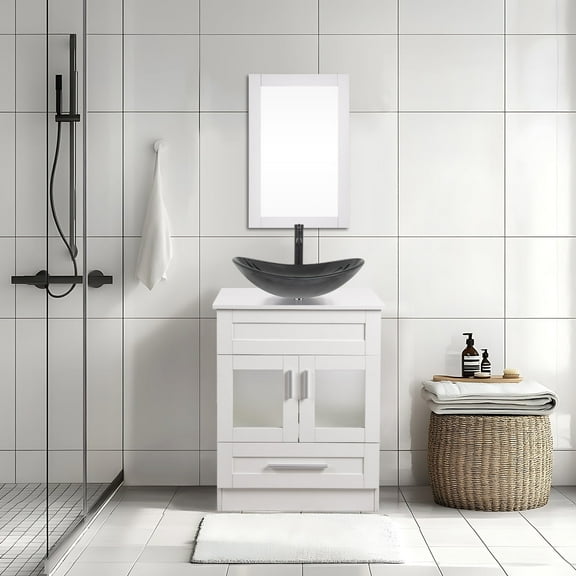 ELECWISH 24-Inch Bathroom Vanity in White with Mirror and Vessel Sink Set, Modern Stand Pedestal Cabinet with Glass Sink Set