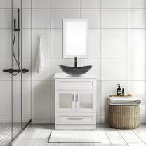 ELECWISH 24-Inch Bathroom Vanity in White with Mirror and Vessel Sink Set, Modern Stand Pedestal Cabinet with Glass Sink Set