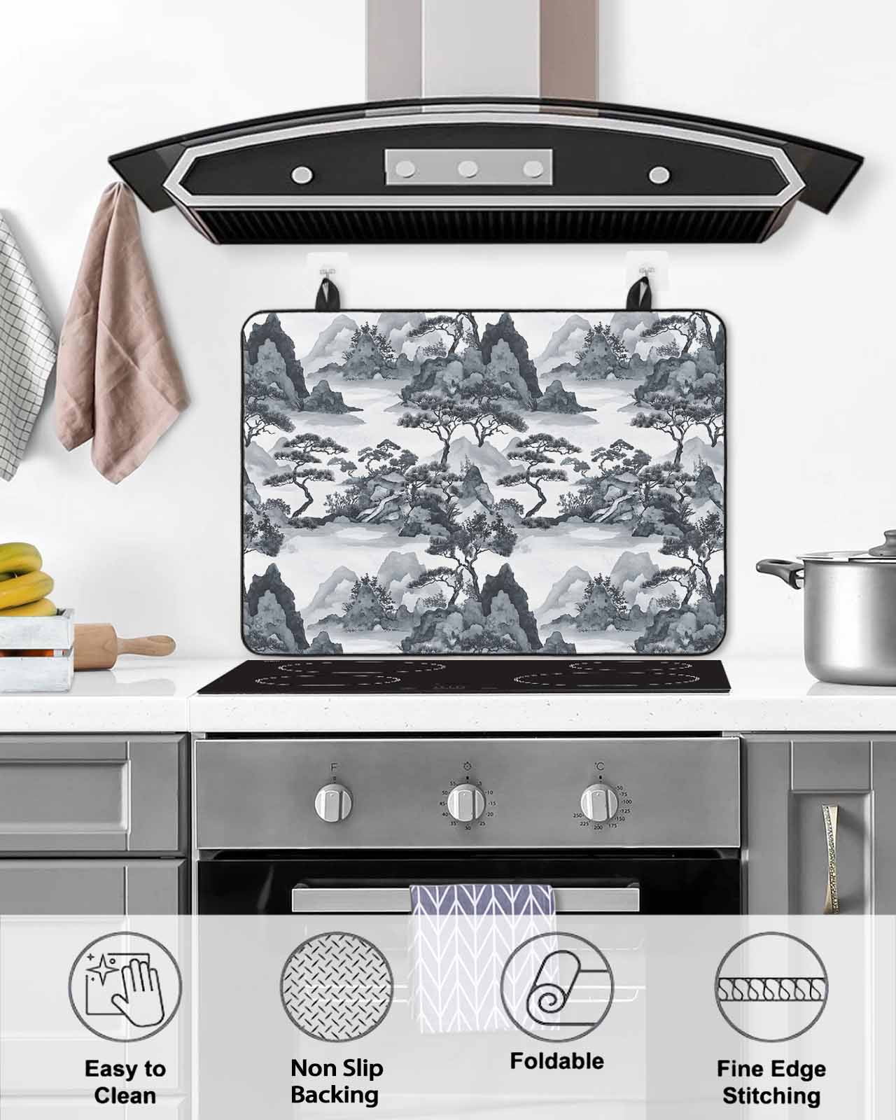 nqOlkjepod Large Induction Cooktop Protector Mat 36"x21", Gray Garden Stove Top Covers for Electric Stove, Retro Mountain Tree Forest Landscape Stove Burner Cover Mats, Glass Top Stove Cover