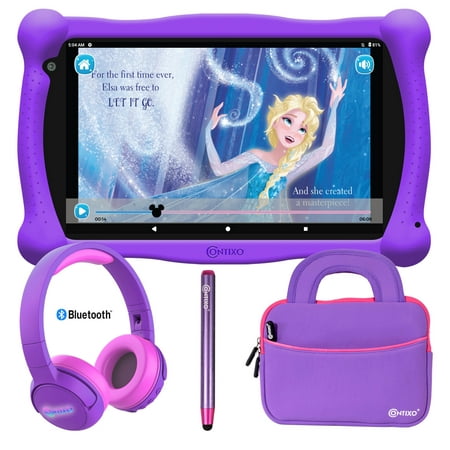 Contixo 7 Inch Kids Learning Tablet Bundle - 32GB Storage, Bluetooth, Android, Dual Cameras, Parental Control, Kids Bluetooth Headphone & Tablet Bag - Purple