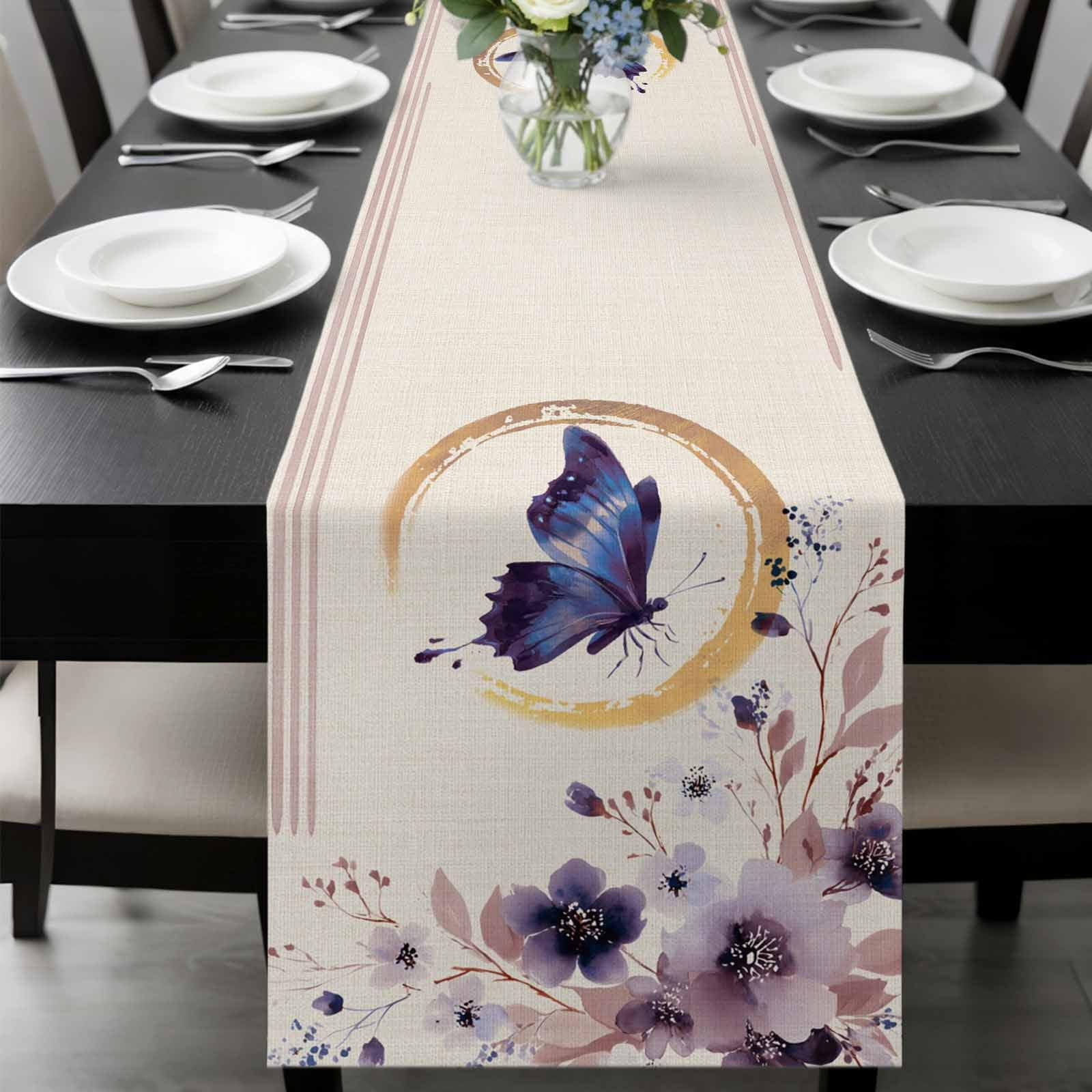 Butterfly Table Runner Watercolor Purple Butterfly Floral Leaf Linen Texture Washable Cotton-linen Table Runners Dining Kitchen Decoration for Everyday Home Wedding Party Decor 13 x 60 Inch