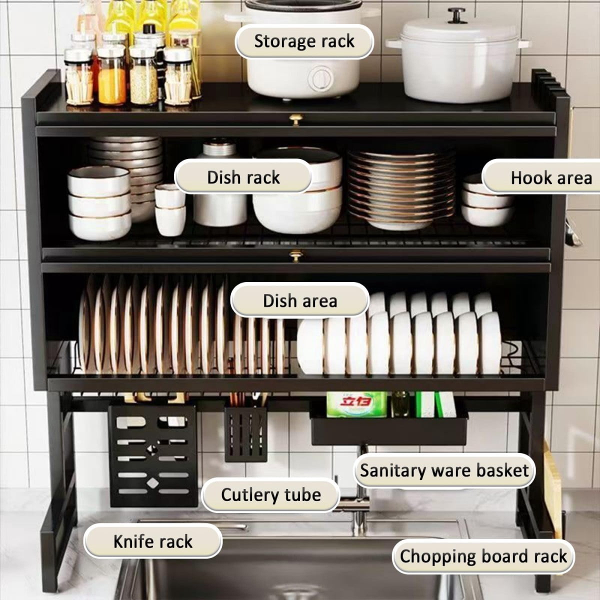4-Tier Over the Sink Dish Drying Rack with Cover, 33.5" Large Dish Rack with Storage Basket, Knife & Cutting Board Holders