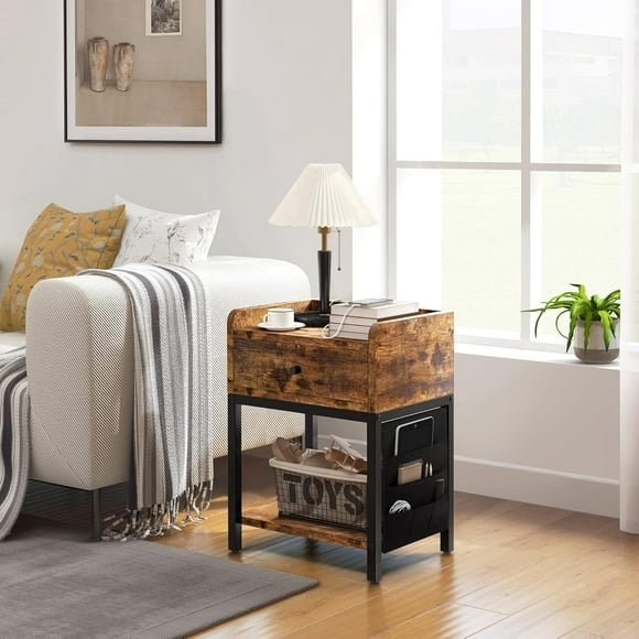 Mesa de Noche Rustica FABATO con estación de Carga puertos USB 16.9 x 13 x 23.6 pulgadas