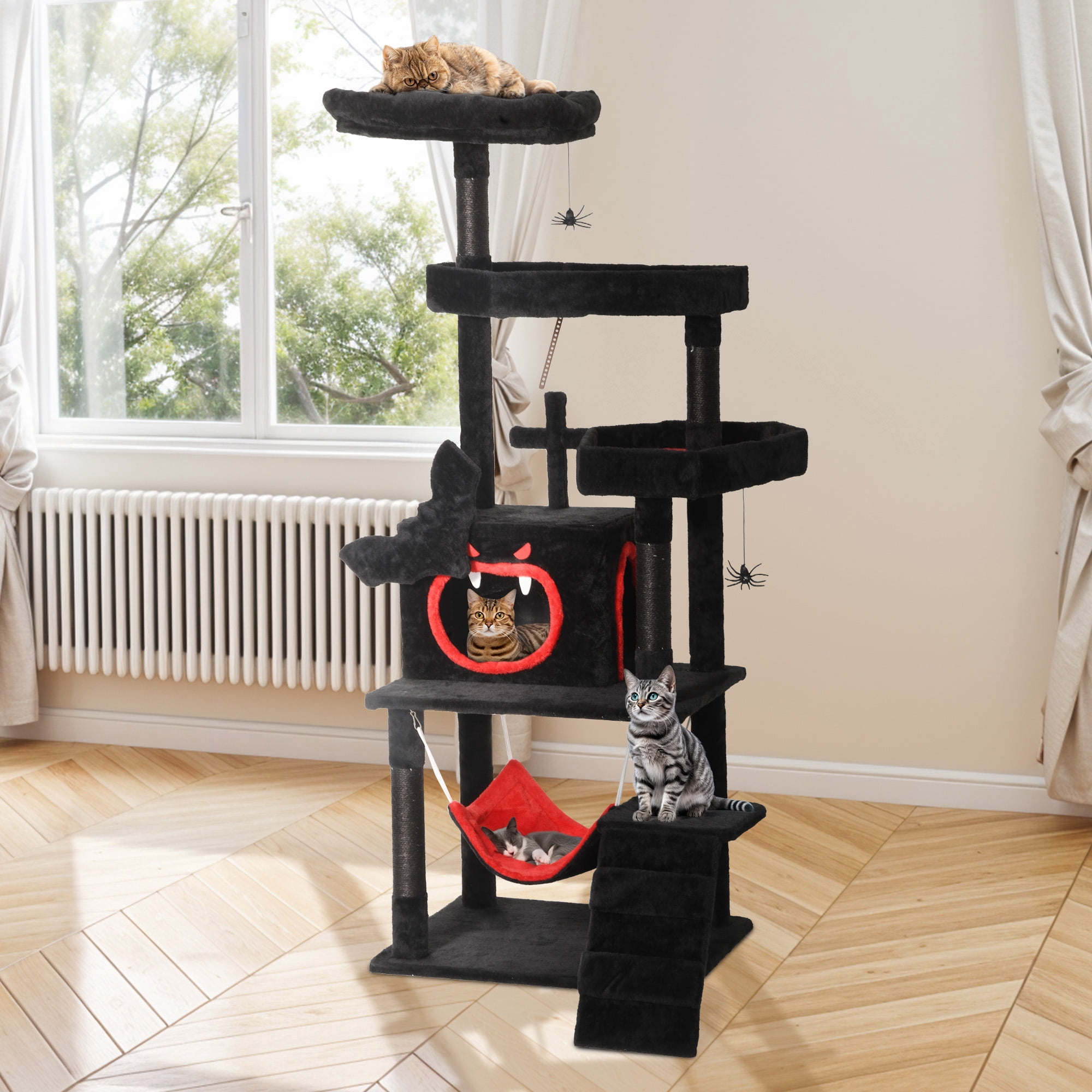 Uforic 63in Gothic Cat Tree with Coffin Bed, Tall Halloween Cat Tower for Indoor Cats with Top Perch & Sisal Scratching Posts, Black