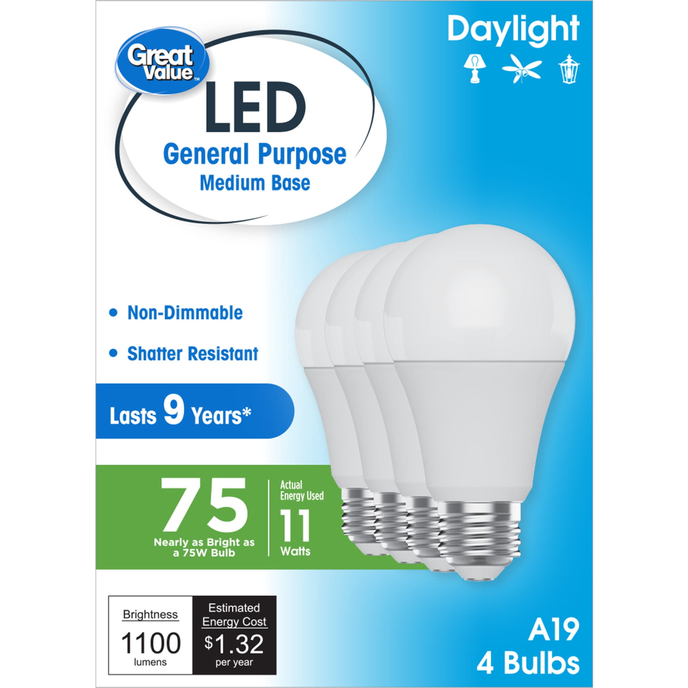 (2 pack) Great Value LED Light Bulb, Daylight, 75 Watt Eqv, A19 General Purpose, E26 Medium Base, 9yr, 4 Pack