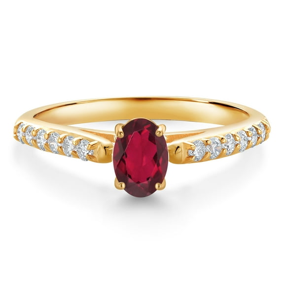Gem Stone King 10K Yellow Gold Ruby Red Mystic Topaz and White Lab Grown Diamond Engagement Ring for Women (0.68 Cttw, Oval 6X4MM, Gemstone Birthstone, Size 5)