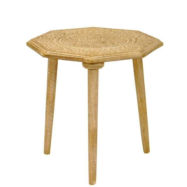 Benzara Wooden 3 Legged Octagonal Table with Intricate Carving Details, Brown