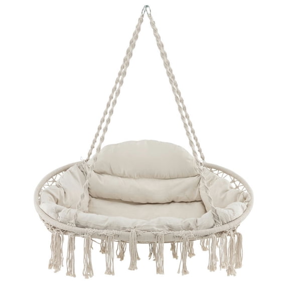 Spaco Hand-Woven Rope Hanging Chair with Removable Ultra-Soft Cushion, Hanging Chair with Thick Cushion and Folding Metal Frame, Hanging Chair for Indoor and Outdoor, Beige