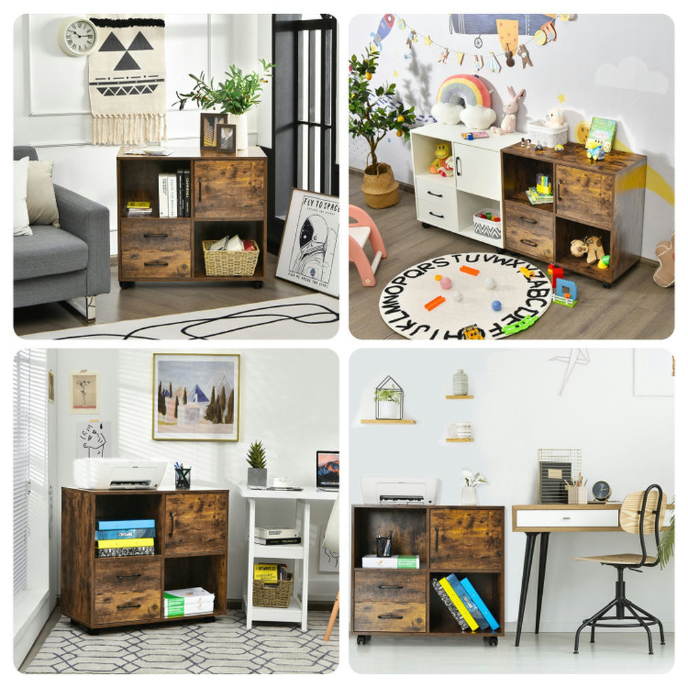 Demi Bonn Mobile File Cabinet with Lateral Printer Stand and Storage Shelves, Wood Filing Cabinet for Home Office, Brown