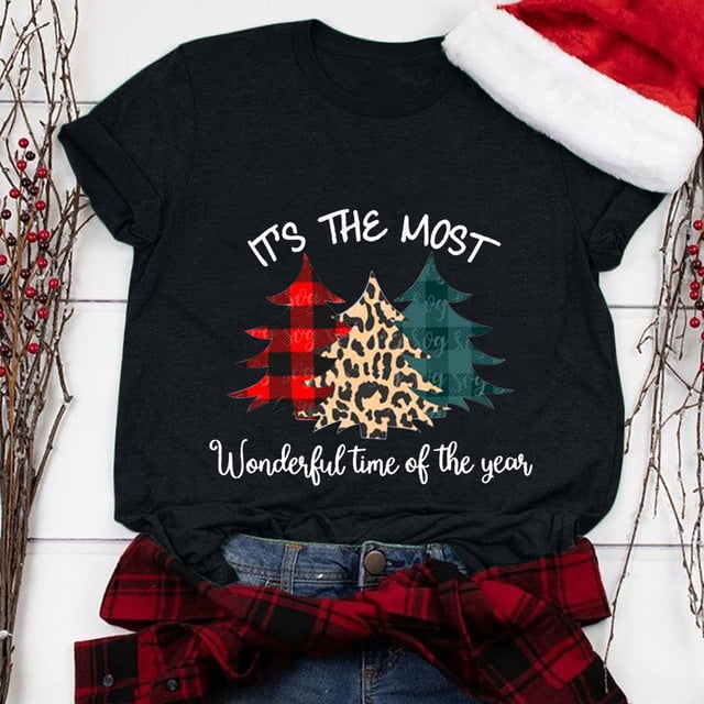 Meichang Hauts à Manches 3/4 pour Femmes, Col Rond, Imprimé Joyeux Noël, T-Shirts Amples, Pull de Noël