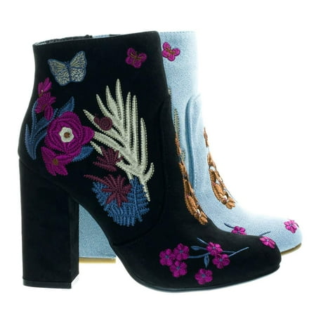 - Namaste11 by Bamboo, Floral Embroidery Block Heel Ankle Bootie w Faux Fur Lining