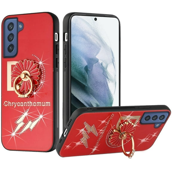 For Samsung Galaxy S22 Ultra Diamond Bling Sparkly Glitter Ornaments Engraving Hybrid with Ring Stand Holder Fashion Cover ,Xpm Phone Case [Red Flower Ring]