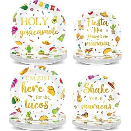 48Pcs Mexican Fiesta Party Plates Taco Fiesta Party Decorations Dia De Los Muertos Tableware Parties Supplies Mexican Themed Dessert Plates for Boys Girls Colorful Parties Favor Serves 24 Guests