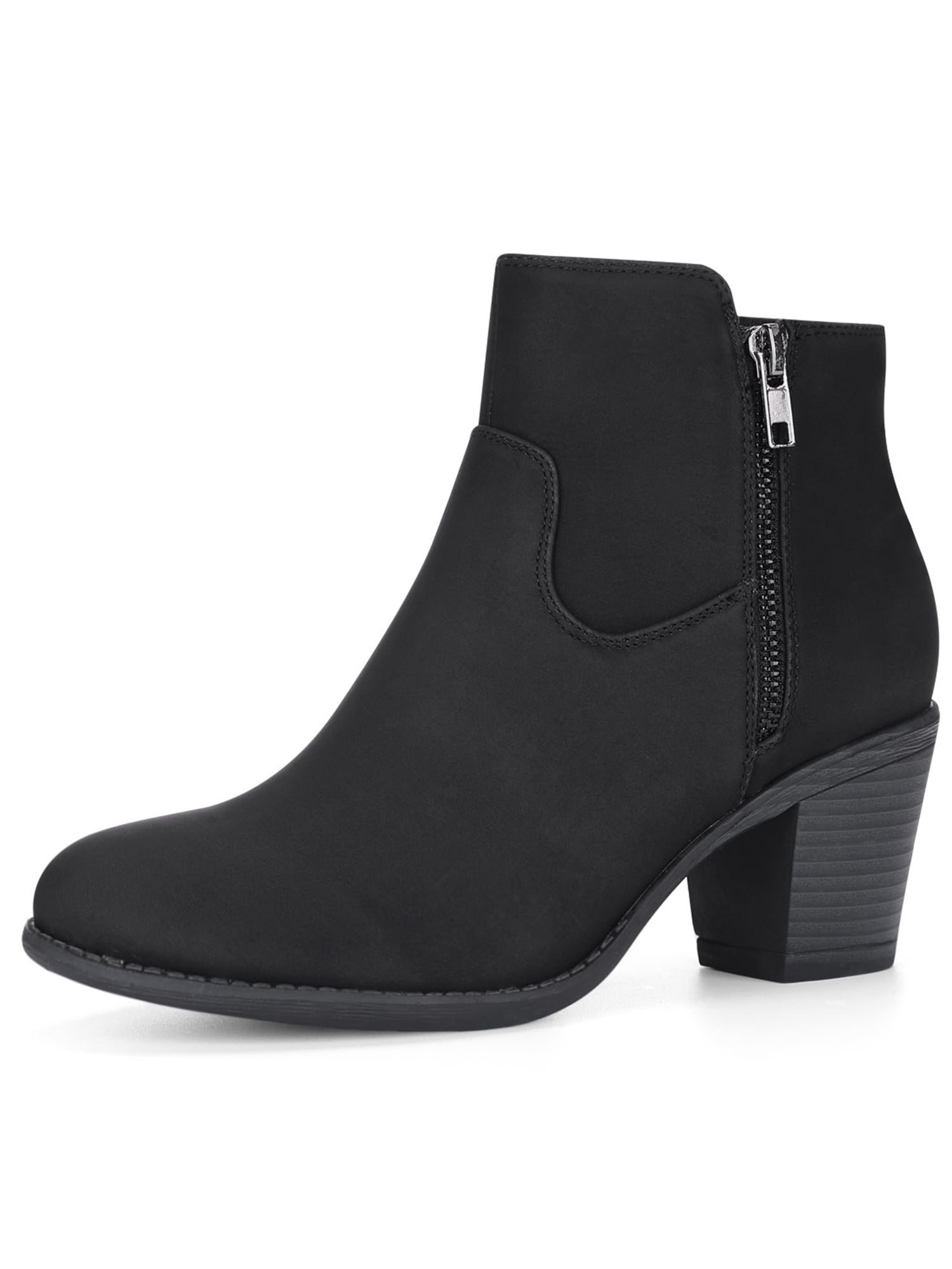 Unique Bargain Women's Round Toe Chunky Heel Zipper Ankle Boots Black ...