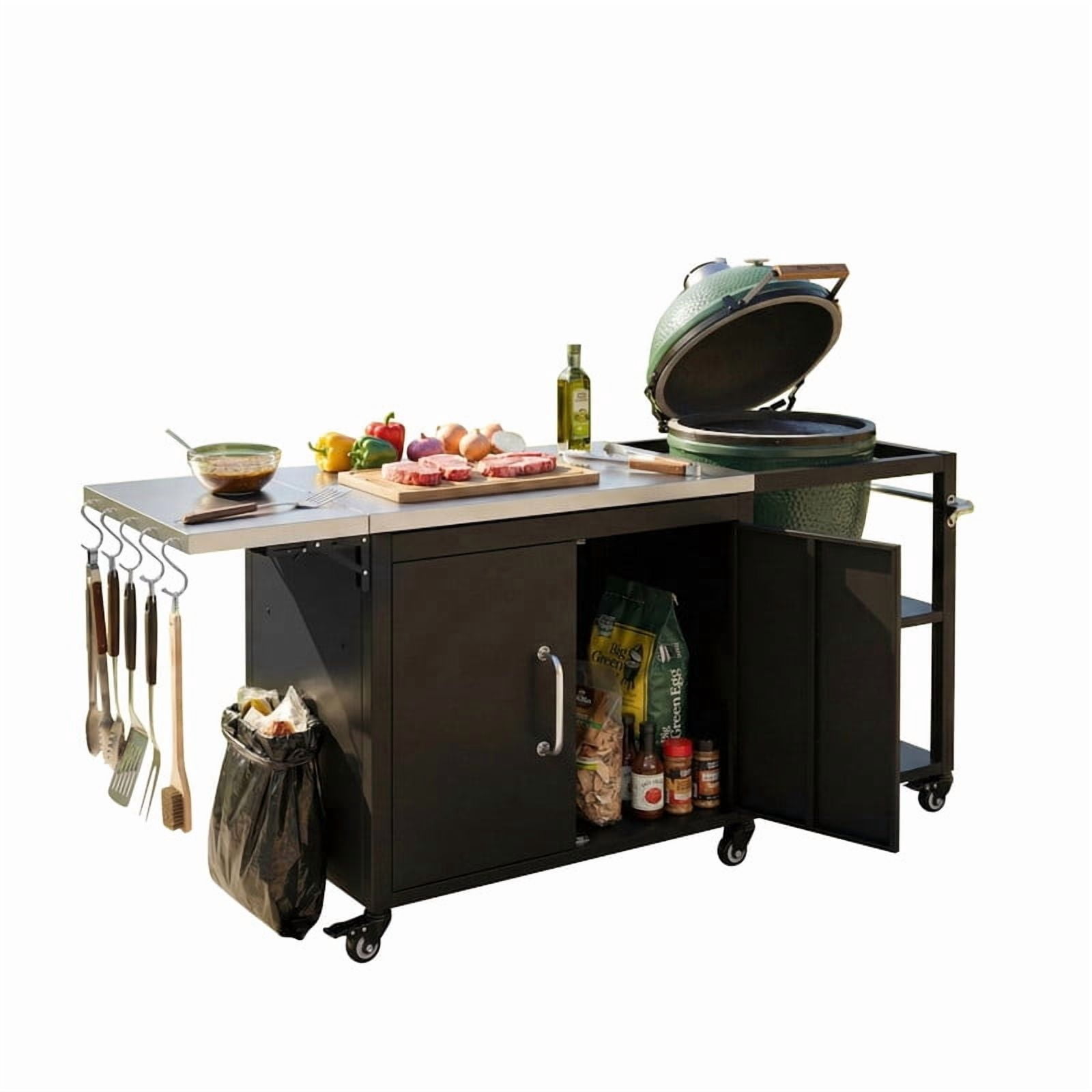 76" Outdoor Kitchen Island Grill Cart for Big Green Egg, Stainless Steel Prep Table, Outdoor Grill Table with Adjustable Shelf & Hooks & Bottle Opener for BBQ