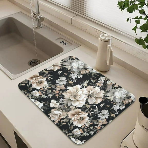 Elegant Floral on Black Dish Drying Mat for Kitchen Counter Absorbent Drainer Mats (15.7X11.8inch)