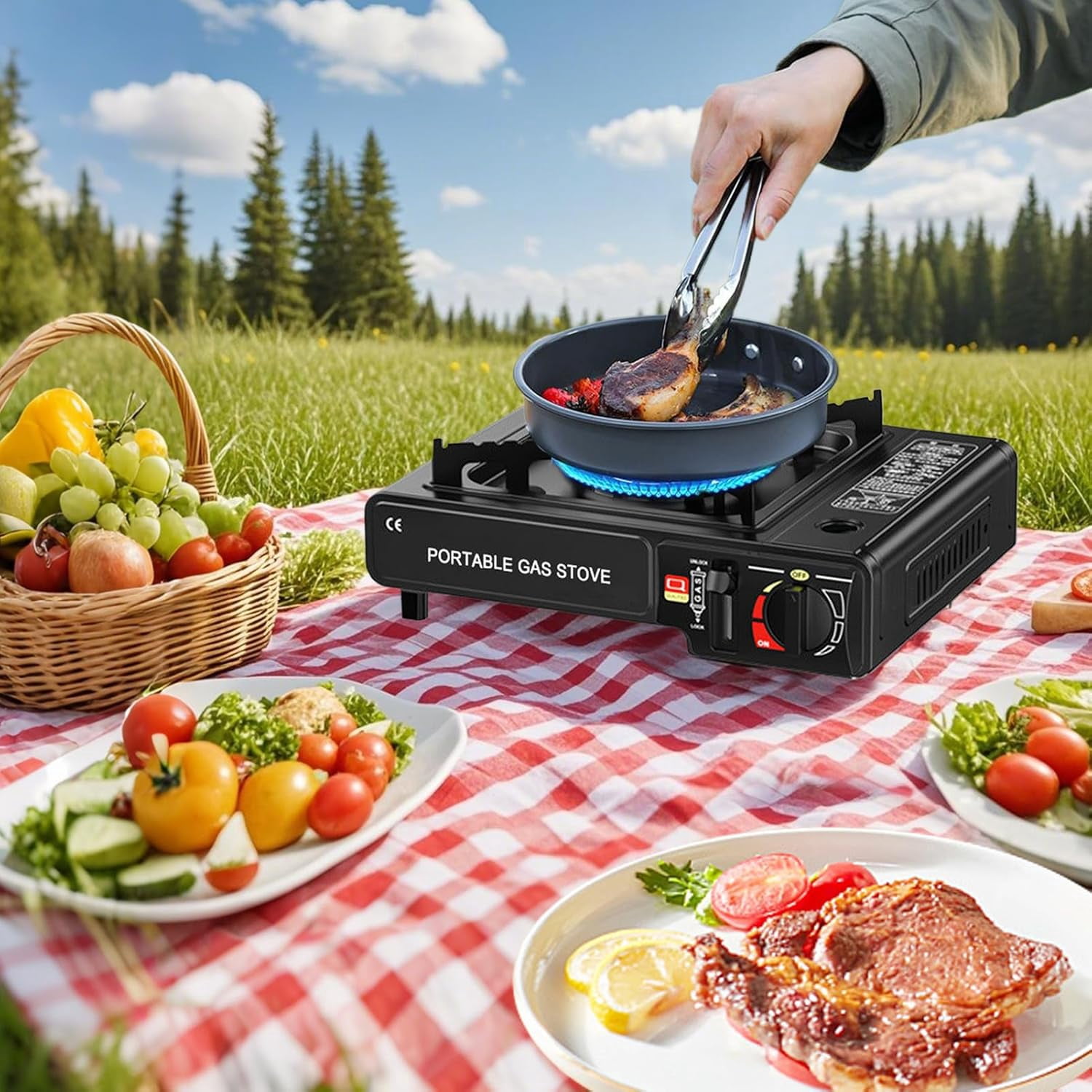 Portable Camping Stove, Black 1 Burner Butane Gas Stove, Tabletop Portable Butane Gas Camping Stove, Precise Heat Control, for Camping & Tailgating and Outdoor Cooking