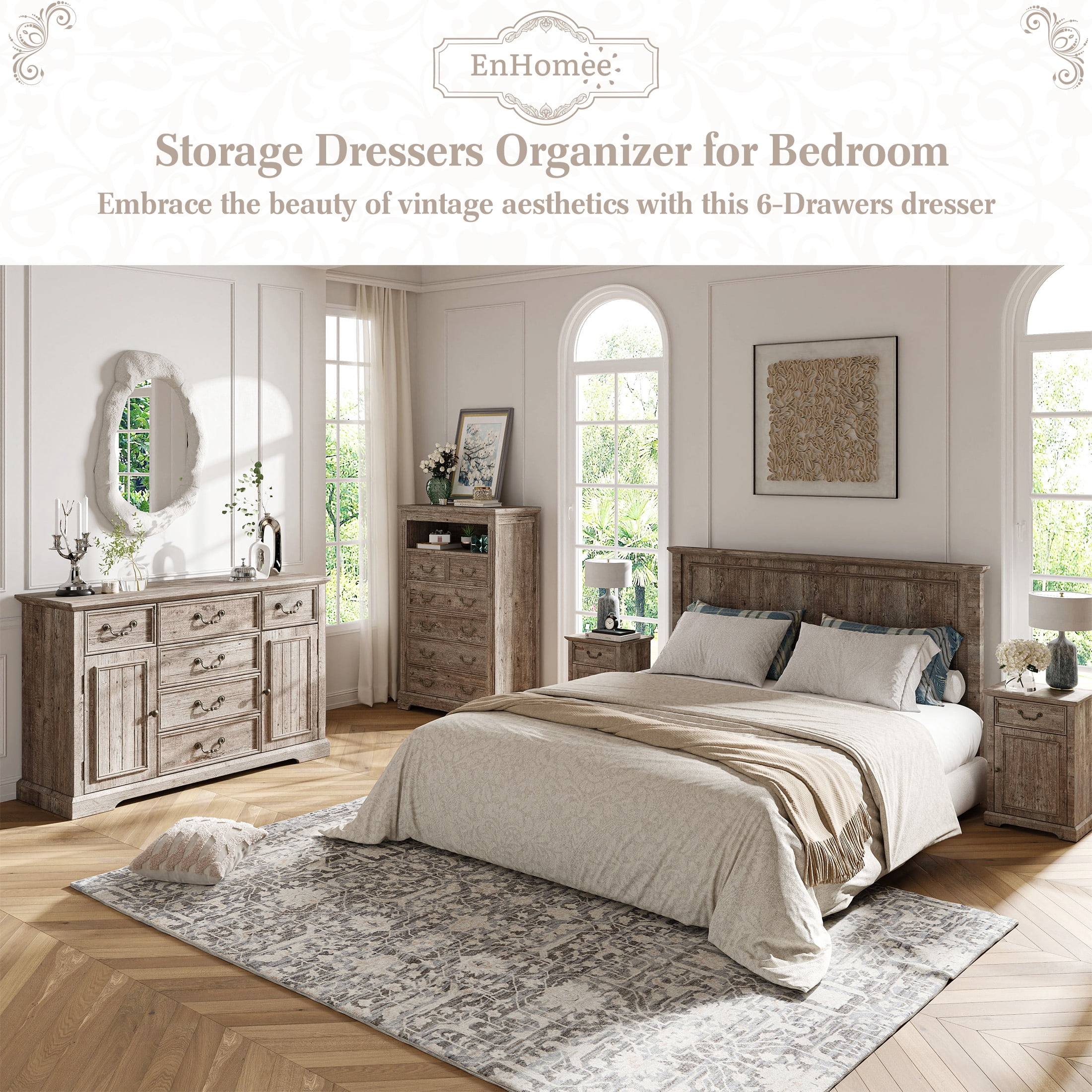 EnHomee 6 Drawers Dresser with Barn Door,Wooden Dresser for Bedroom,Rustic Chest of Drawers for Living Room Entryway Hallway,47.2" Wx33.5 H x15.7 D,Rustic Oak