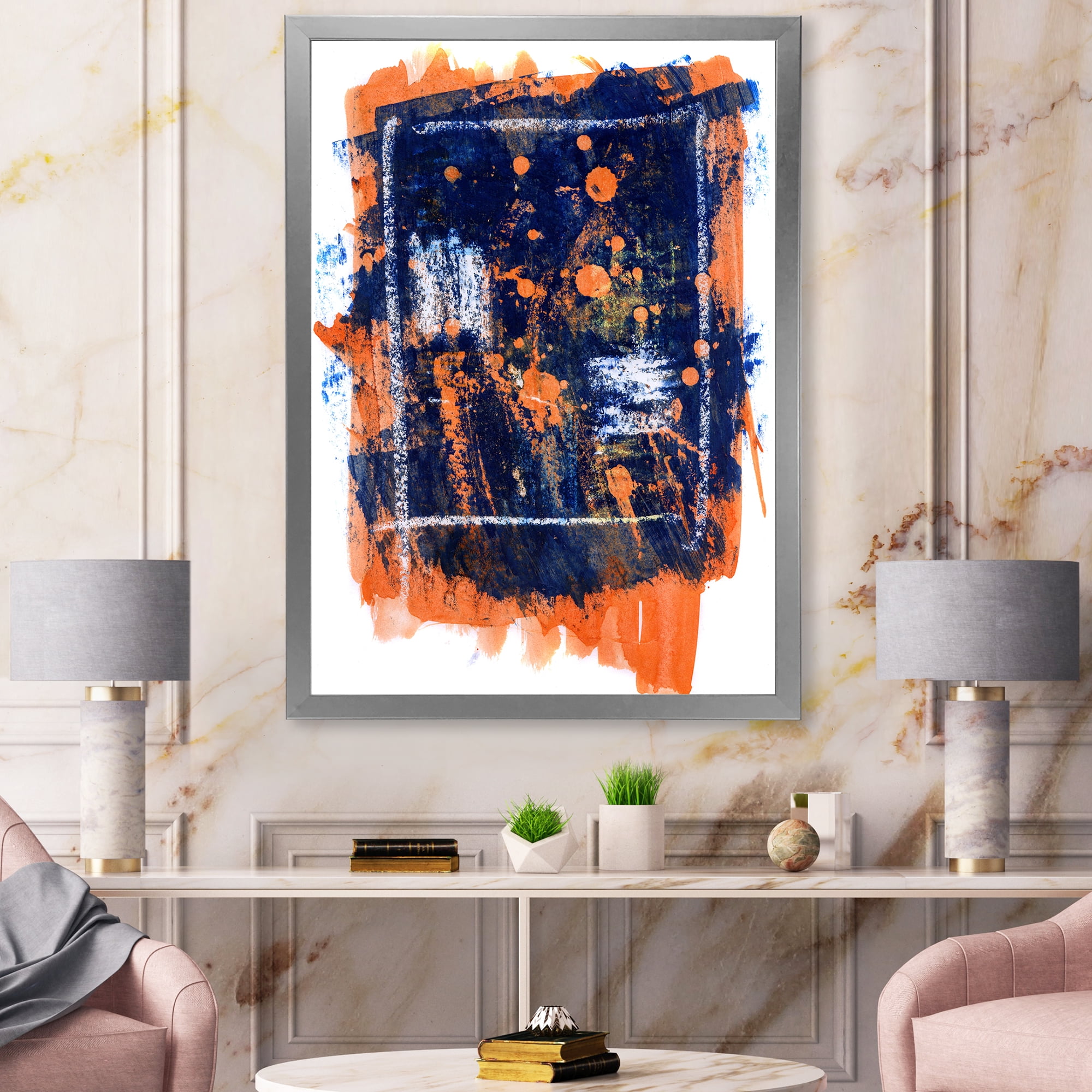 Designart 'Navy Blue and Orange Abstract' Modern Framed Art Print