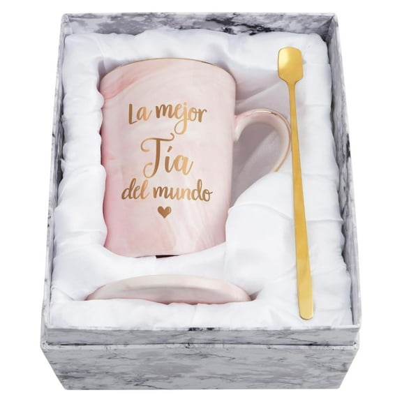 Gifts for Aunt - La Mejor Tia Del Mundo Mugs, Christmas Mothers Day Birthday Gifts for Aunt, Saying "I Love You" to Her, Futtumy 14 fl oz Pink Marble Coffee Mugs Ceramic Mug Tea Cup