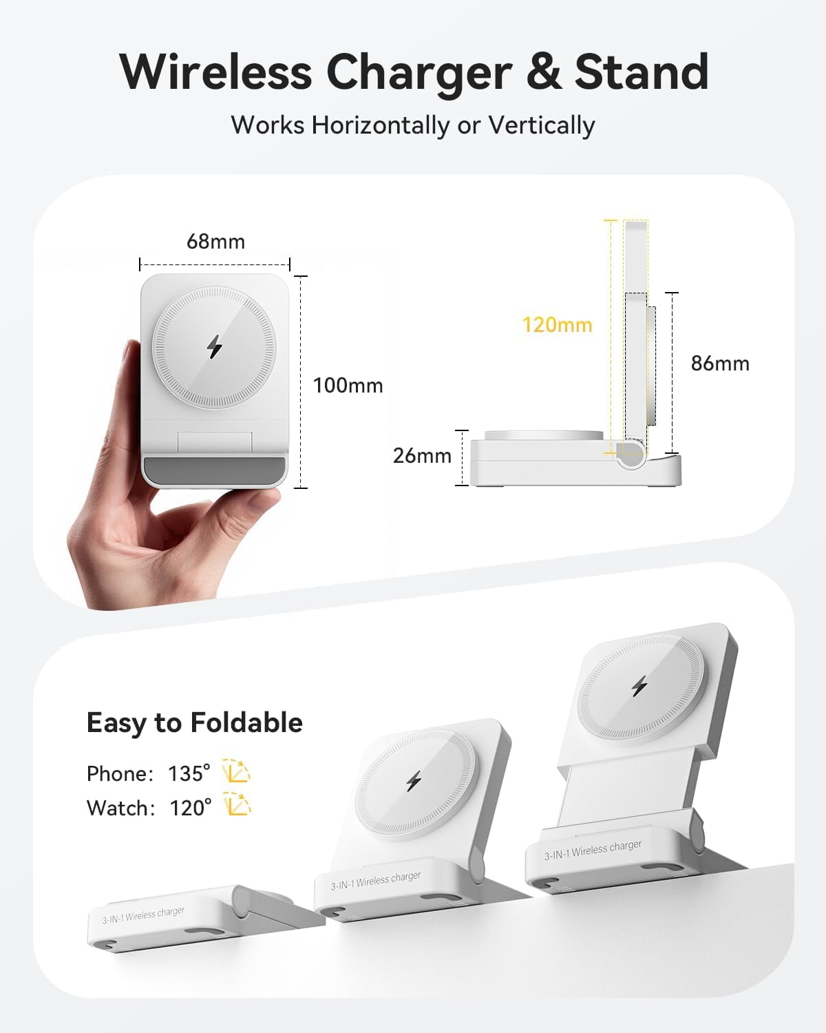 3-in-1 Foldable & Retractable Wireless Charger Station, 15W Fast Magnetic Charging, Portable Fast Charging Stand,Compatible with Mag Safe Charging for i Phone17/16/15/14/13/12,i Watch,Air Pods(White)