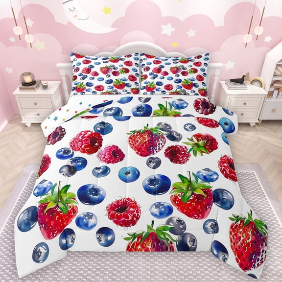 Manfei Blueberry Strawberry Pattern Bedding Comforter Set,Sweet Fruit Theme Twin Comforter Sets,Red White Blue Bedding Set For Girls Boys,Super Cozy Room Decor Reversible,2-Piece