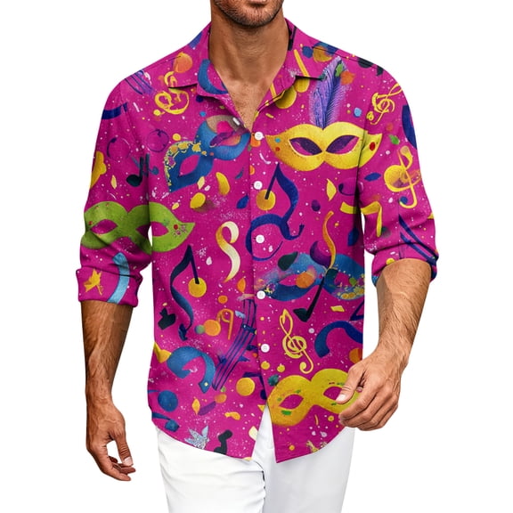Fgvctg Carnival Party Long Sleeve Button Down Shirts for Men V Neck Shirts Fashion Mask Print Collared Blouses Oversized Business Casual Outfits Hot Pink 3XL