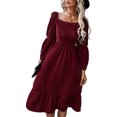 thumbnail image 2 of Women Square Neck Lantern Sleeves Dress Elastic Back Ruffle Stitching Pure Color A Line Casual Flowy Dress For Spring Autumn Wear, 2 of 6