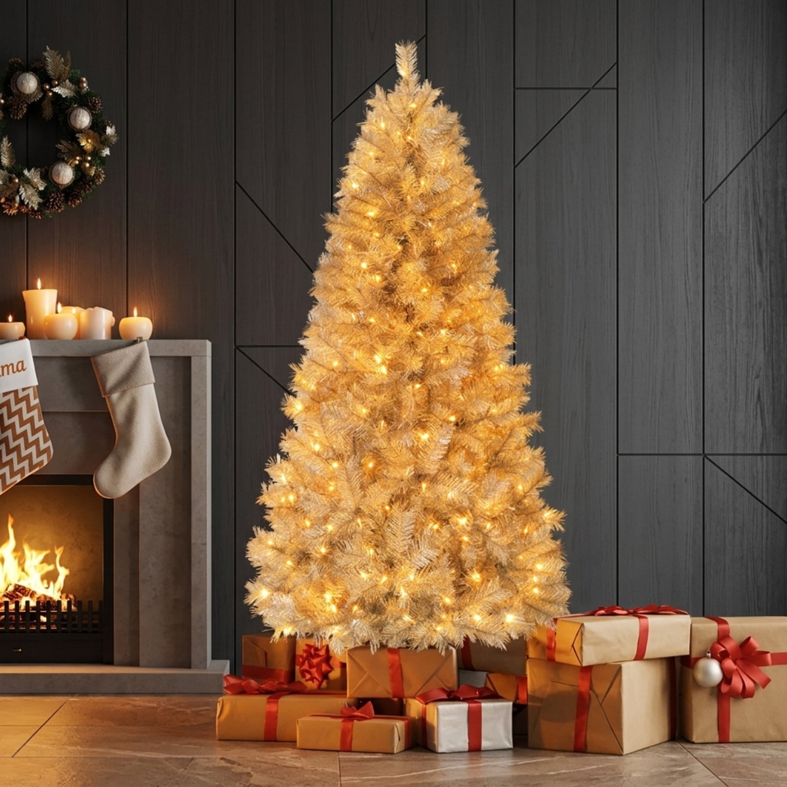 RUIE 6 ft Silver Tinsel Christmas Tree, Pre-Lit Artificial Xmas Tree with 230 LED Lights and 553 Branch Tips, Metallic Holiday Tree