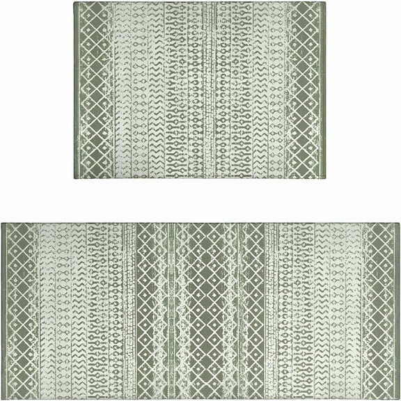 AUQ Boho Moroccan Kitchen Rug and Sets 2 Piece Non Skid Washable Mat for Kitchen Mats for Floor Farmhouse Black Bohemian Kitchen Decor (Green,One Size)
