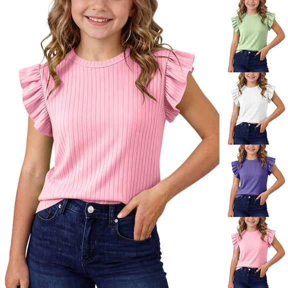 Teylalorva Kids Girls T-Shirt Ruffle Sleeve Crew Neck Lightweight Summer Casual Daily Tee Pink Size 6