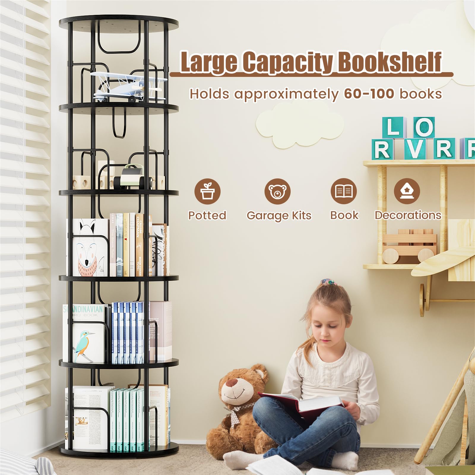 Flycity 5-Tier 360° Rotating Bookcase, Black photo 3