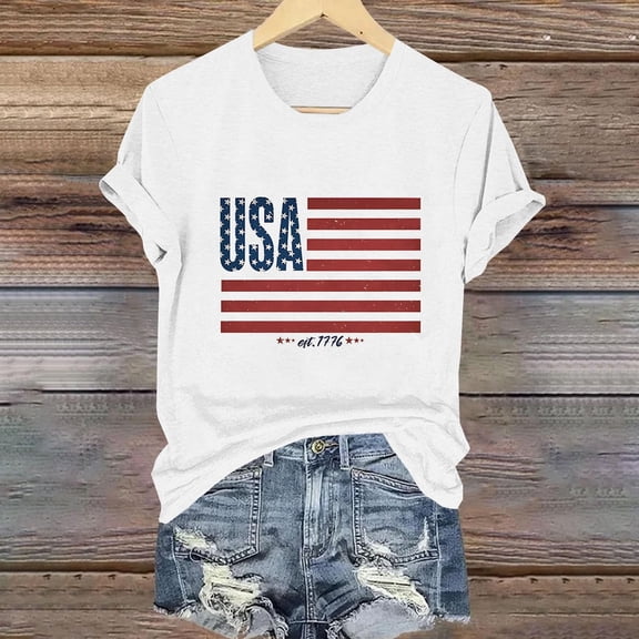 Dolkfu Pull-on Women'S Clothing White Short Sleeve Crew Neck 250th Anniversary Independence Day T-Shirts Retro Modern Printed Tops White,S