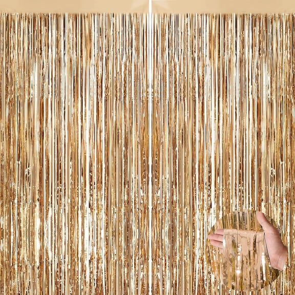 Champagne Gold Metallic Tinsel Foil Fringe Curtains, 2 Pack 3.3x6.6 Feet Streamer for Party Decorations
