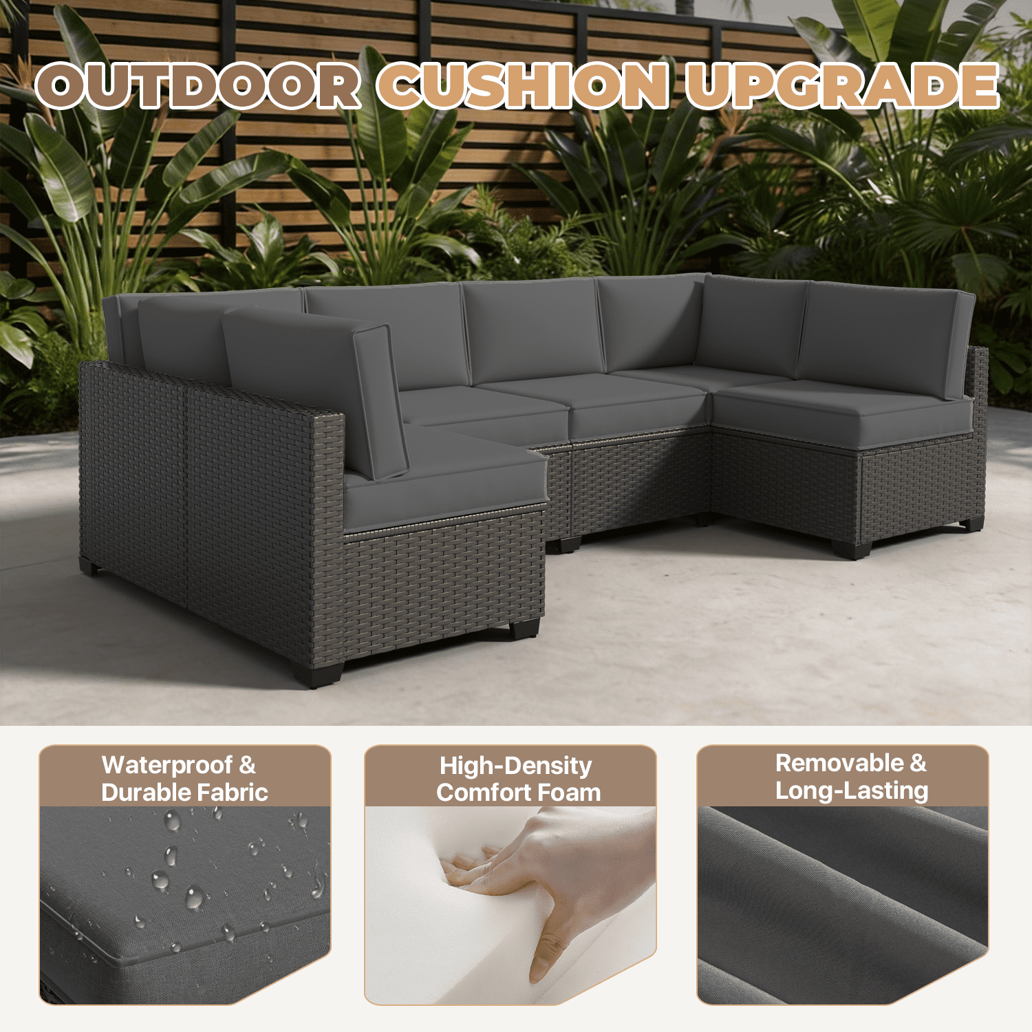 BaPiPro 6-Person Dark Gray Outdoor Sectional Sofa Cushions, Waterproof Polyester Patio Cushions with High-Density Sponge & Side Pillows, No Assembly for Backyard, Porch, Deck & Poolside