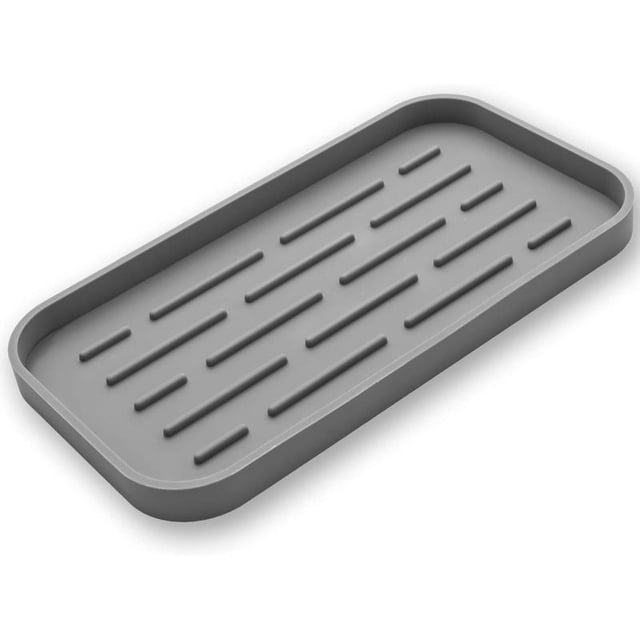 Bandeja organizadora de silicona para fregadero de cocina para uso múltiple, soporte de esponjas ecológico para encimera o fregadero de baño de cocina (gris, 10 "× 5,3")