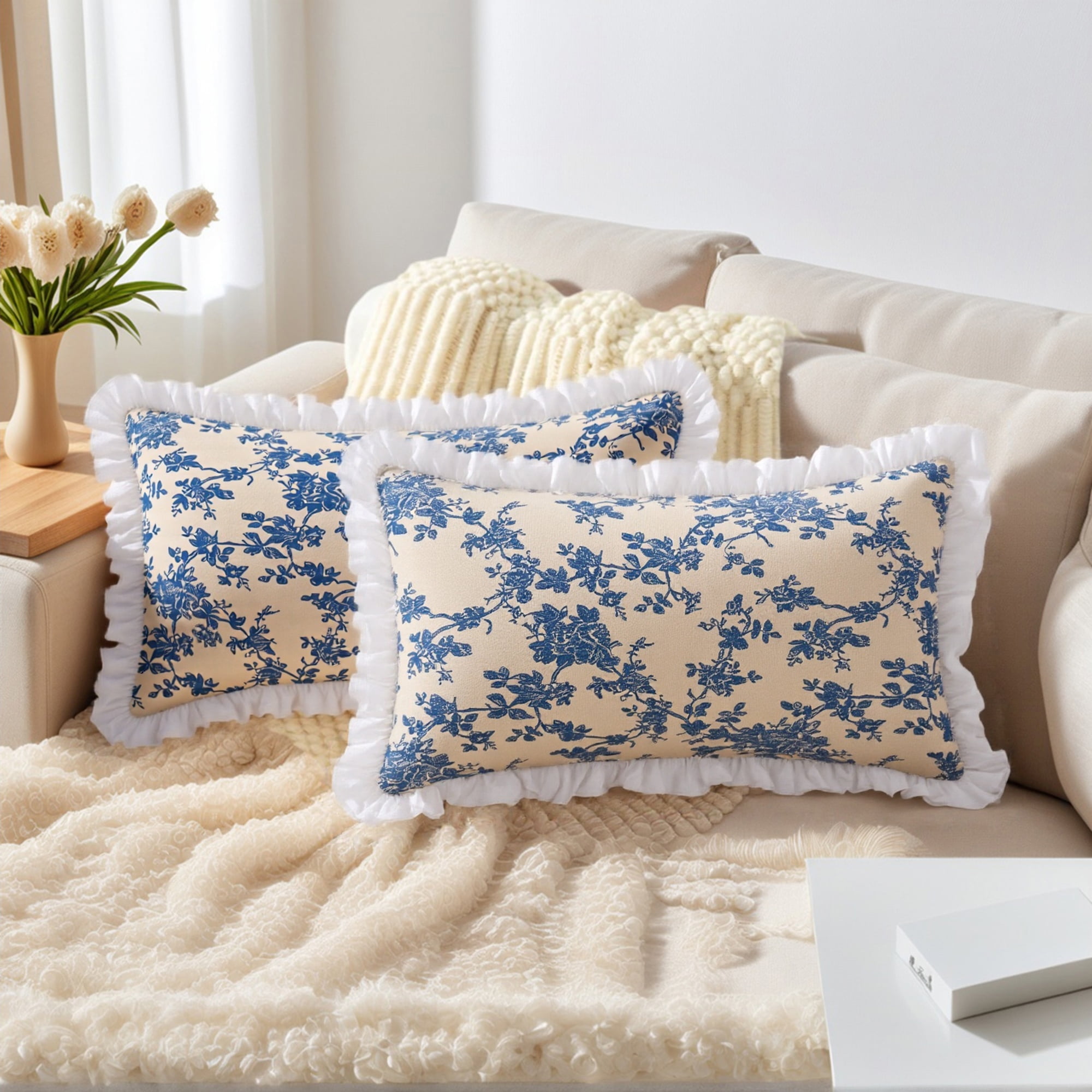 Unique Bargains Set of 2 Leaf Print Pillow Covers with Ruffled Trim Blue 20" x 12"