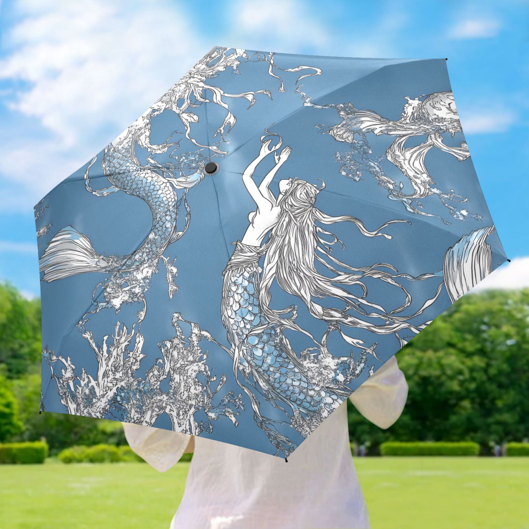 Mermaid Umbrellas for Sun Auto Open Close UV50+ Waterproof 5-Fold Compact Fiberglass Frame
