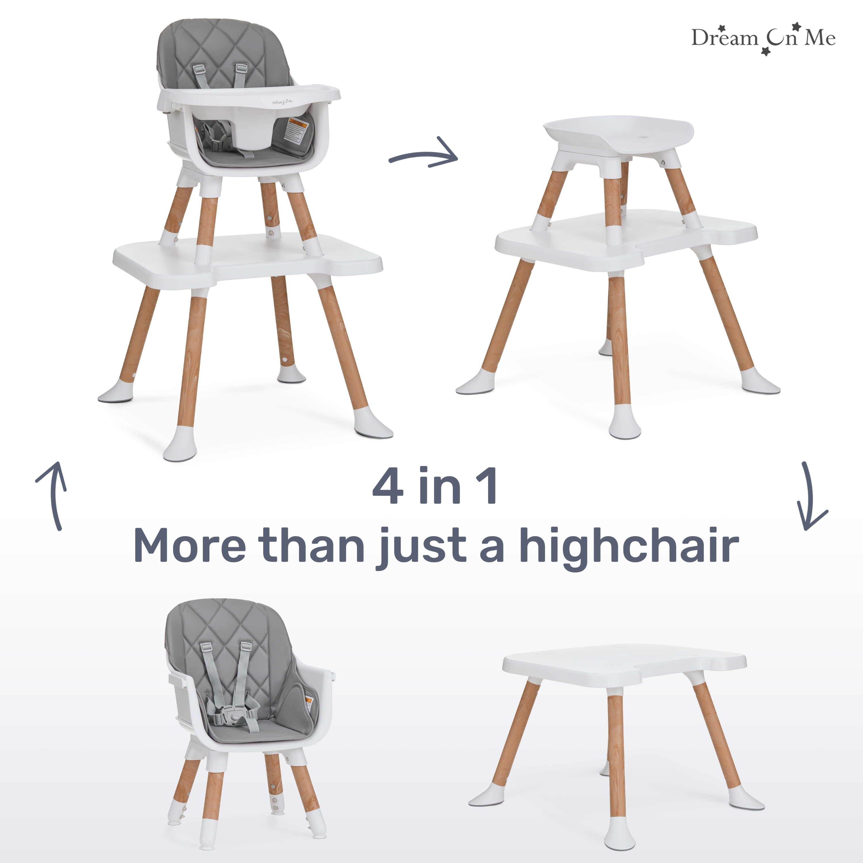 Dream On Me Luna 4-in-1 Convertible Baby High Chair in Cool Gray, Transforms into Booster, Toddler Seat & Table Set, Adjustable and Removable Tray Portable High Chair
