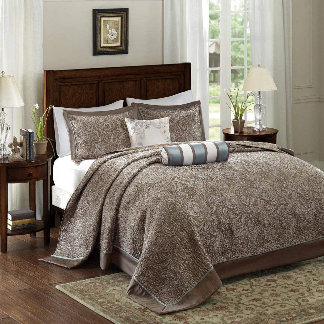 King Size Bedding Oversized Bedspread Set Brown Red Striped Jacquard Pattern 5Pc 