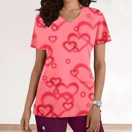 

EQWLJWE Scrub_Tops Women Working Uniforms T-Shirt Print Short Sleeve V-Neck Tops with Pockets