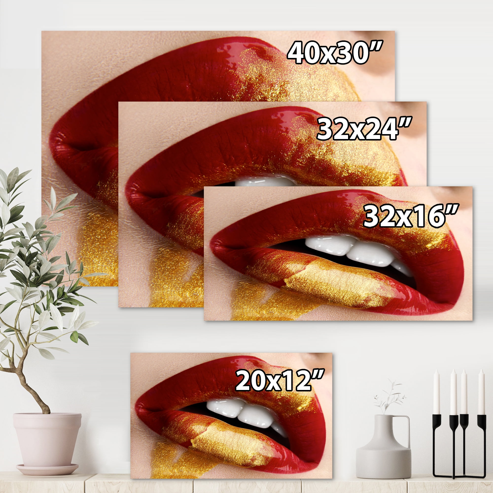 Designart ' Plump Woman Lips With Gold and Red ' Modern Canvas Wall Art Print