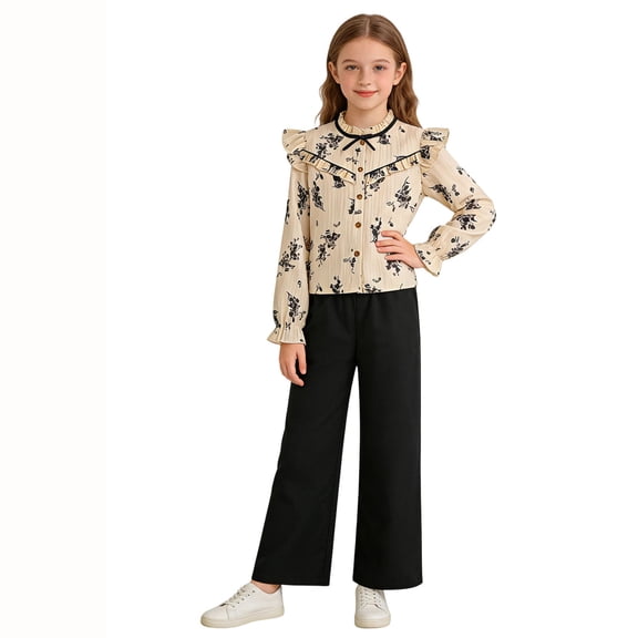 RUTAYY Girls Outfit Set Floral Print Ruffle Detail Stand Collar Long Sleeve Button Front Blouse Wide Leg Pants 2 Piece Children Set Khaki