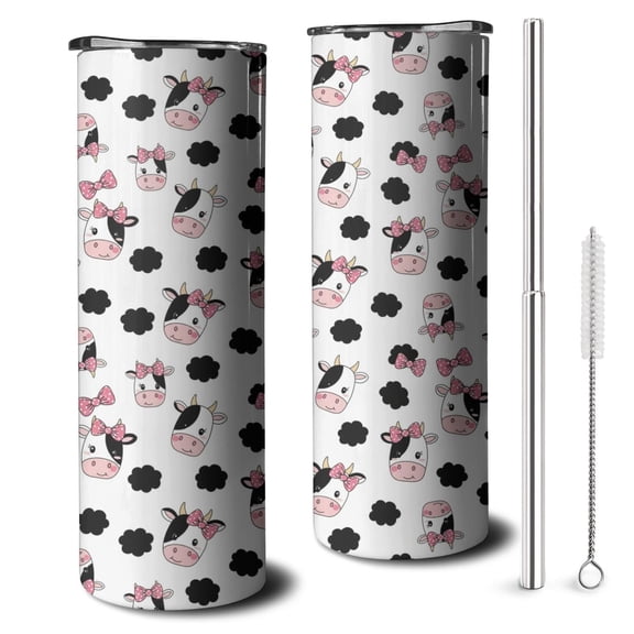 20oz White Cow Bow Cloud Pattern Skinny Tumblers Stainless Steel Tumbler with Lid and Straw,Vacuum Insulated Double Wall Travel Tumbler Cups with Cleaning Brush for Coffee,Tea
